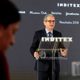El presidente ejecutivo de Inditex, Pablo Isla, durante la presentación de resultados de 2018 del grupo textil. EFE/Moncho Fuentes