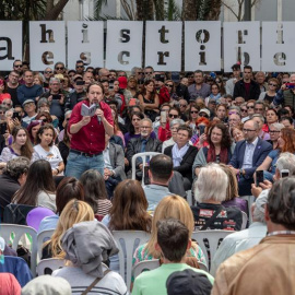 El candidato de Unidas Podemos a la Presidencia del Gobierno, Pablo Iglesias, durante un acto electoral de la formación en la Plaza España de Palma