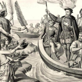 Grabado que muestra la llegada de Hernán Cortés a Tenochtitlan.