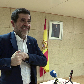 El cabeza de lista de JxCat al Congreso por Barcelona, Jordi Sànchez, ras una rueda de prensa por vía telemática desde el centro penitenciario de Soto del Real en Madrid. EFE POOL