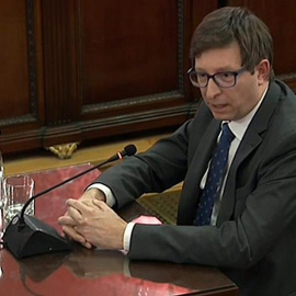 20/02/2019.- Captura de la señal institucional del Tribunal Supremo de Carles Mundó, de ERC y exconsejero de Justicia, durante su declaración este miércoles en el juicio del "procés". Mundó, que afronta una petición de siete años de cárcel por ma
