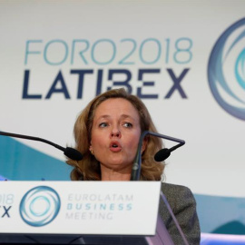 La ministra de Economía, Nadia Calviño, durante su intervención en la inauguración del Foro Latibex | J. J. Guillén /  EFE