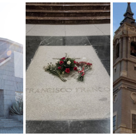 De izquierda a derecha: capilla del cementerio de Mingorrubio; tumba de Franco en el Valle de los Caídos; y Catedral de La Almudena