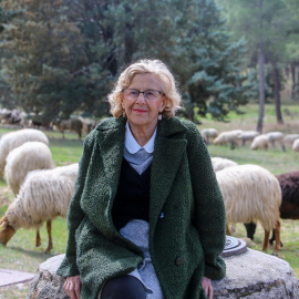 La alcaldesa de Madrid, Manuela Carmena, visita el rebaño de ovejas en la Glorieta de Moreras, en la Casa de Campo. Ricardo Rubio / Europa Press