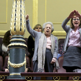La presidenta de la Federación de Mujeres Separadas y Divorciadas, Ana María Pérez del Campo y la responsable de la Asociación Universitaria contra la Violencia Machista, Rosa San Segundo , entre un grupo de mujeres que asistía al Pleno del Congreso 