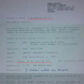 Cita emitida el 9 de febrero para el 16 de junio de 2016.