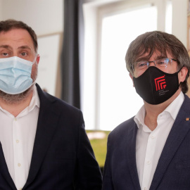  Puigdemont y Junqueras en su encuentro de este miércoles en Waterloo.- EFE