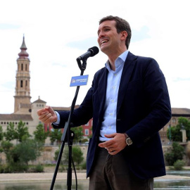 , 10/05/2019.- El presidente del PP, Pablo Casado, durante su intervención en la presentación hoy en Zaragoza del programa electoral europeo para las elecciones del 26 de mayo, junto a la cabeza de lista popular para las elecciones europeas, Dolors Mons