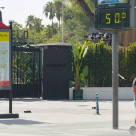 Un hombre con un patín a 50º en el Paseo de las Delicias en otro día con altas temperaturas en la capital andaluza a 25 de julio del 2022 en Sevilla.