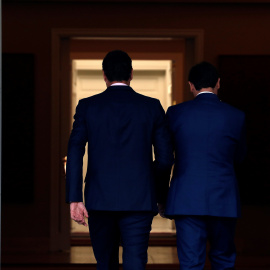 El presidente del Gobierno en funciones, Pedro Sánchez, y  el líder de Ciudadanos, Albert Rivera, entrar en el Palacio de la Moncloa, tras recibirle para continuar su ronda de contactos con los principales líderes políticos de cara a la investidura tr