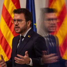  El presidente de la Generalitat, Pere Aragonès, interviene en un acto para conmemorar el Día de Europa, a 9 de mayo de 2022, en Barcelona.- Kike Rincón / Europa Press