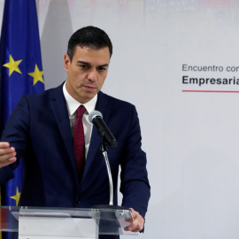 El presidente del Gobierno Pedro Sánchez, durante su intervención en una reunión con empresarios españoles que tienen intereses en Cuba. EFE/JuanJo Martin