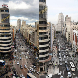 Antes y después de las obras en la Gran Vía de Madrid.- AYUNTAMIENTO DE MADRID