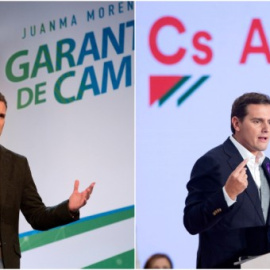 Los líderes nacionales de PP, Pablo Casado, y de Ciudadanos, Albert Rivera, en sendos mítines de la campaña de las elecciones andaluzas del 2-D. EFE