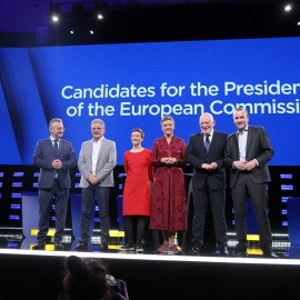 De izq. a der., el checo Jan Zahradil de lo euroescépticos ACRE, el belga-español Nico Cue, de Izquierda Europea, la alemana Ska Keller, del Partido Verde Europeo, la danesa danés Margrethe Vestager, de Alianza de los Liberales y Demócratas por Europa