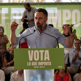 El líder de Vox, Santiago Abascal, durante un acto de campaña electoral en Mérida, a 9 de julio de 2023. Jorge Armestar / Europa Press