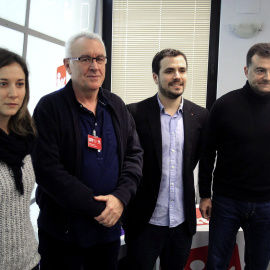 La eurodiputada Marina Albiol, el coordinador general de Izquierda Unida, Cayo Lara, el próximo candidato de IU a las elecciones generales, Alberto Garzón, y el coordinador general de IULV-CA y candidato a la presidencia de la Junta, Antonio Maíllo, an