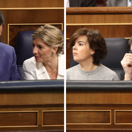 Imagen combinada de Pedro Sánchez y Yolanda Díaz y Mariano Rajoy y Soraya Saez de Santamaría