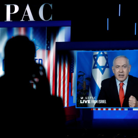 26/03/2019 - El primer ministro israelí, Benjamin Netanyahu, en una videoconferencia en un acto del AIPAC en Washington, (Estados Unidos). / REUTERS - KEVIN LAMARQUE