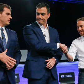 Los candidatos a la Presidencia del Gobierno de Ciudadanos, Albert Rivera, Pedro Sánchez y Pablo Iglesias./ Efe