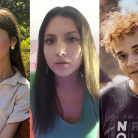 Los tres jóvenes  que han dado sus testimonios: Mila Zurbriggen (i), Abi Franzutti (c) y Vancis Roda (d)