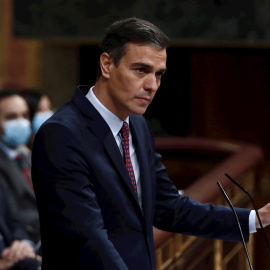 El presidente del Gobierno, Pedro Sánchez, interviene en la segunda sesión del debate de moción de censura presentada por Vox en el Congreso. EFE/Mariscal