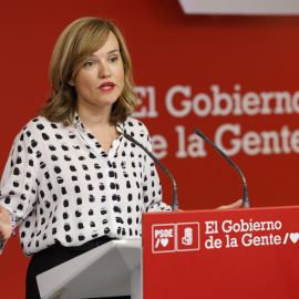 La ministra de Educación y portavoz del PSOE, Pilar Alegría durante una rueda de prensa en la sede del partido este lunes en Madrid