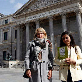 La presidenta de El Partido Animalista (Pacma), Silvia Barquero (i), y la candidata del partido a la Presidencia del Gobierno, Laura Duarte (d), antes de presentar este lunes ante la Junta Electoral Central las alegaciones contra la petició