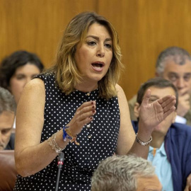 03/05/2019.- La secretaria general del PSOE-A, Susana Díaz, durante la sesión de control al Ejecutivo hoy en el Parlamento de Andalucía en Sevilla. EFE/Julio Muñoz