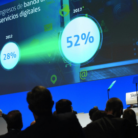 El presidente de Telefónica, José María Álvarez-Pallete, durante la junta de accionistas. EFE/ Fernando Villar