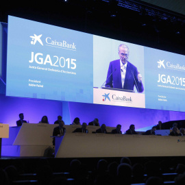El presidente de CaixaBank, Isidre Fainé, durante su intervención en la junta de accionistas de la entidad. EFE/Marta Pérez