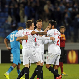 El Sevilla celebra, ante el Zenit, su pase a las semifinales de la Europa League. /EFE