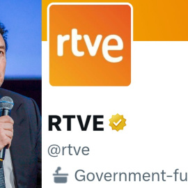Montaje con el dueño de Twitter, Elon Musk y la de de RTVE, donde aparece la etiqueta de 'medio financiado por el Gobierno'.