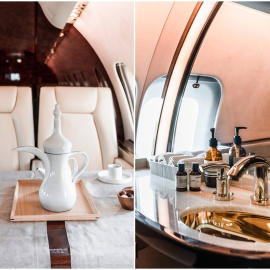 Detalles del interior del Bombardier Global 5000 en el que ha viajado el rey emérito, a 19 de abril de 2023.