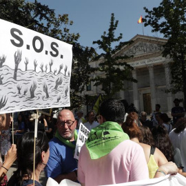 Miembros de unos 100 colectivos por los derechos de las personas migrantes durante la concentración que han protagonizado hoy ante el Congreso para despedir a la Caravana Abriendo Fronteras, que se dirigirá con más de 400 activistas a Melil