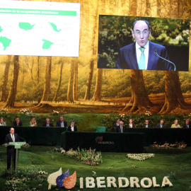 El presidente de Iberdrola, Ignacio Sánchez Galán, interviene en la última junta de accionistas de la eléctrica. EFE