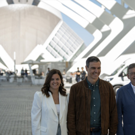 21/04/2023. Sandra Gómez, Pedro Sánchez, y Ximo Puig, en Conferencia Municipal del PSOE, en la Ciudad de las Artes y las Ciencias, a 16 de abril de 2023.