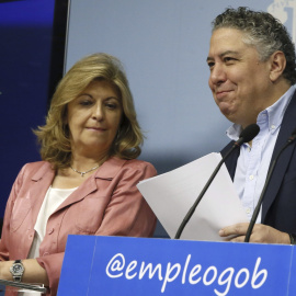 El secretario de Estado de Seguridad Social, Tomás Burgos, y la secretaria de Estado de Empleo, Engracia Hidalgo, en la rueda de prensa sobre los datos de paro registrado y de afiliación. EFE/Fernando Alvarado