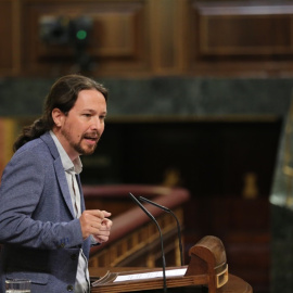 El secretario general de Podemos, Pablo Iglesias, en la tribuna del Congreso de los Diputados. E.P.