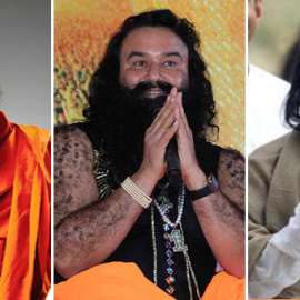 De izquierda a derecha, los gurús indios Baba Ramdev, Gurmeet Ram Rahim Singh y Sri Sri Ravi Shankar. AFP
