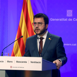 El Presidente en funciones de la Generalitat, Pera Aragonés, durante la declaración institucional de aplazamiento de las elecciones