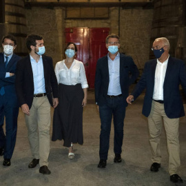 El líder del PP, Pablo Casado, junto a los presidentes autonómicos de su formación.