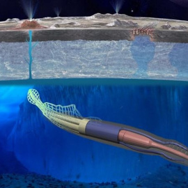 Imagen del rover diseñado para explorar los océanos subterráneos de la luna Europa de Júpiter. NASA/UNIVERSIDAD DE CORNELL