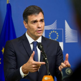 Pedro Sánchez, durante la rueda de prensa en la Cumbre de Trabajo informal sobre inmigración y asilo, hoy en Bruselas.-EFE/Horst Wagner