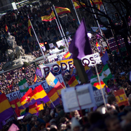 Más de 100.000 personas han participado este sábado en la Marcha del Cambia, convocada por Podemos en Madrid. -JAIRO VARGAS