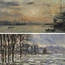 Arriba: 'La ensenada del Eure en El Havre' (1885), por Eugène Boudin.- MUSÉE D'ART, HISTOIRE ET ARCHÉOLOGIE, ÉVREUX | Abajo: 'La inundación' (1881), por Claude Monet.- MUSEUM BAHNHOF ROLANDSECK