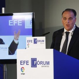 El presidente de la LFP, Javier Tebas, durante su participación en un EFE Fórum Deportes. /EFE