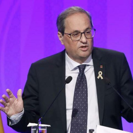 El president Quim Torra durant la roda de premsa al Palau de la Generalitat sobre el balanç del seu primer any de Govern. EFE/Andreu Dalmau