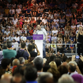 El secretario general de Podemos, Pablo Iglesias, durante su intervención en el acto electoral en Alicante. EFE/Manuel Lorenzo