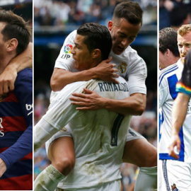 Combo de los jugadores del Barça y del Real Madrid celebrando sus goles y de un jugador del Rayo cabizbajo. /EFE